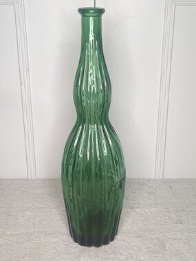 RARE VTG Empoli Italian Green Glass Genie Bottle Decanter Ribbed Optic MCM 15"